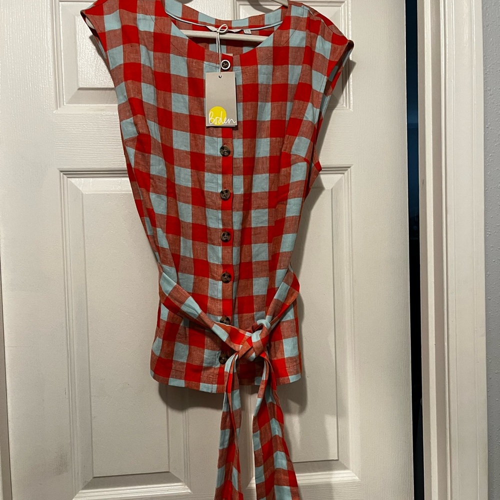 Boden Linen sleeveless top Size 14. Red/orange and light turquoise checks.